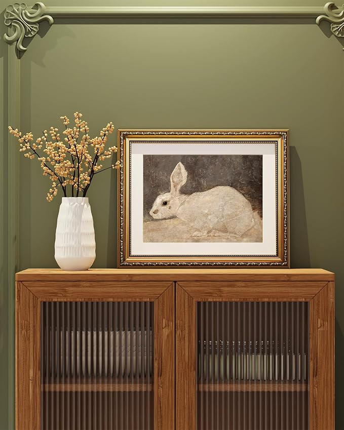 ARPEOTCY Vintage Gold Framed Wall Art, Easter White Rabbit Paintings, Canvas Prints Artwork with Antique Frame, Victorian Wall Picture Decor for Room Gallery Living Room, 13x16 inch