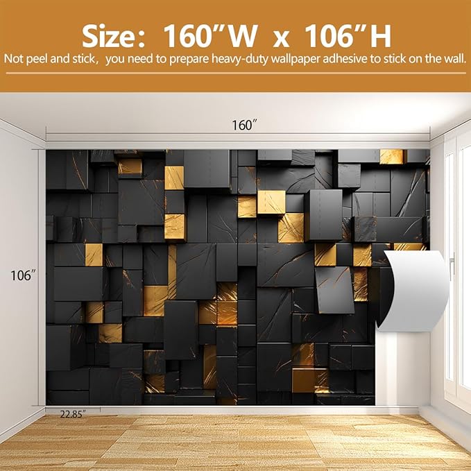 Black and Gold 3D Wallpaper Bedroom Abstract Geometric Squares Background Wall Mural for Living Room Office（Not Peel and Stick）