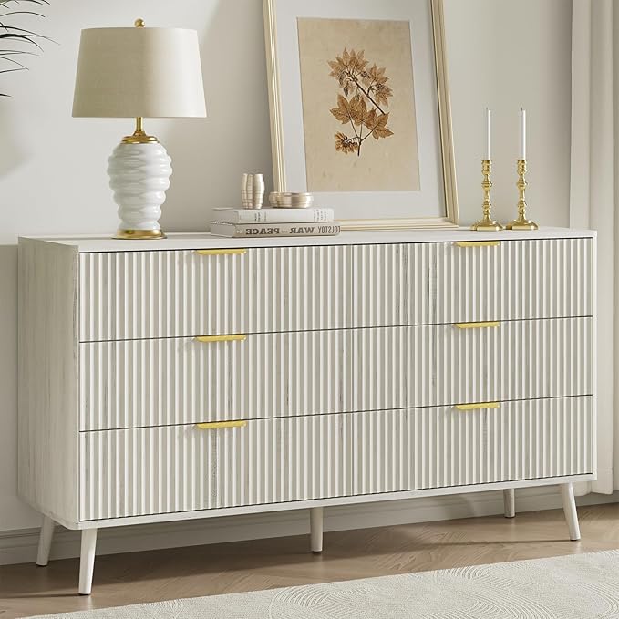 LYNSOM 55" Wide Fluted Dresser for Bedroom with 7 Drawer, Modern Chest of Drawers with Curved Profile Design and Metal Handles, Wood Dresser TV Stand & Storage Organizer for Living Room, White