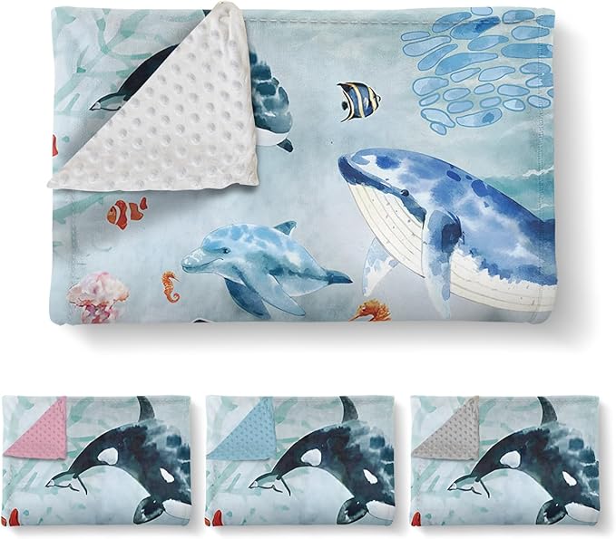 Custom Baby Blanket - Ocean Animals Theme Personalized Name Blanket for Boys Girls, Soft Infant Toddler Blanket with Whale and Dolphin, Customizable Nursery Bedding (47" x60)