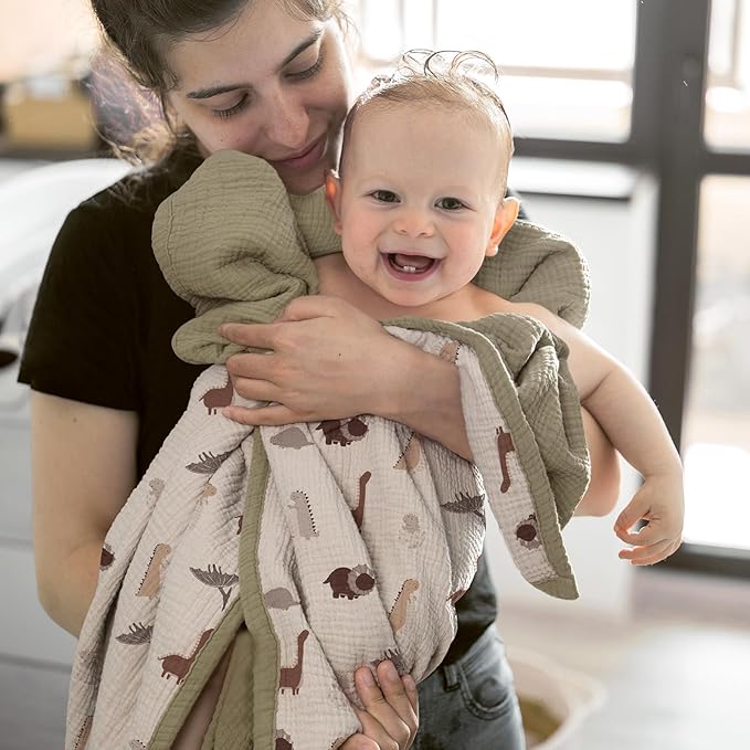 lulumoon Muslin Baby Blanket - Cotton Quilt Blankets for Toddlers - Reversible Nursery Crib Blanket for Baby Boys and Girls 47"x47"(Olive Dinosaur)