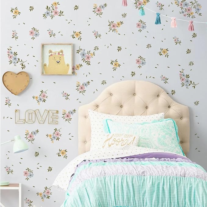 Colorful Small Flower Wall Decals Leaf Wall Stickers Floral Decor for Girls Bedroom Baby Nursery Kids Room Wall Decor