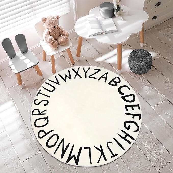 LIVEBOX ABC Play Room Kids Round Rug for Bedroom, Washable Nursery Rug for Baby, Circle Area Rug for Playroom, Small Toddler Rug Educational Crawling Mat for School Classroom(40",Black)