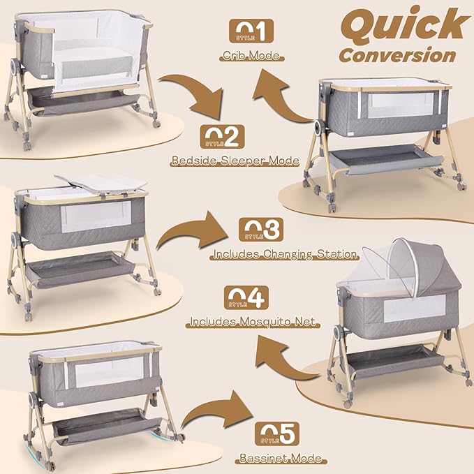 Baby Bassinets Bedside Sleeper 5 in 1,Bedside Bassinet for Baby with Mattress,Diaper Table, Storage Layer,Mosquito Net,7-level adjustable height , one-touch folding for travel with infants (Gray)
