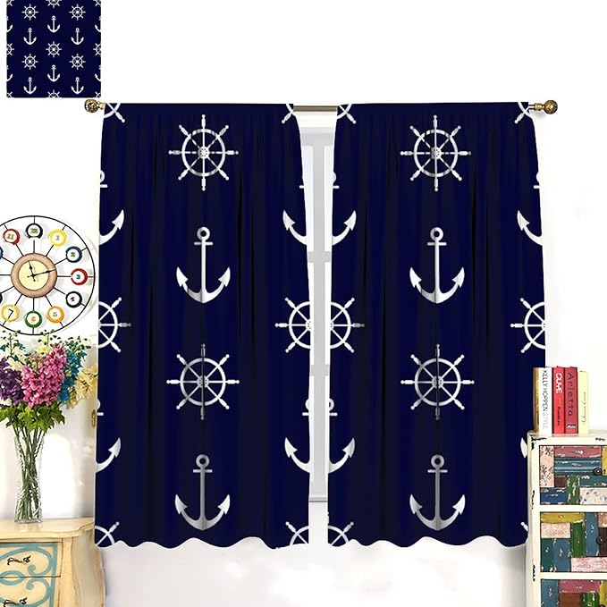 Nautical Rudder Curtains,MarineThemed Oceanic Anchor Pattern Blackout Print Home Bedroom Living Room Window Treatments 2 Panel Set 55x63 Inch