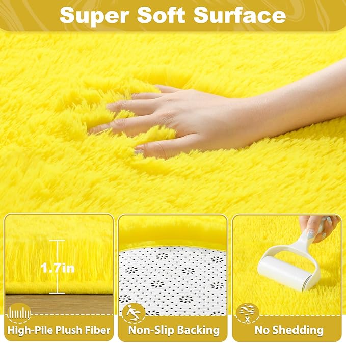 EVOIONOS Yellow Round Rug for Bedroom, 5x5 Ft Fluffy Soft Circle Area Rugs for Living Room, Plush Shaggy Circular Carpet for Indoor Floor Bedside Kids Nursery, Machine-Washable Home Decor Aesthetic