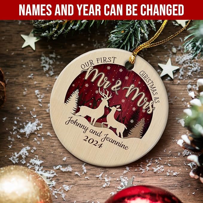 wowcugi Personalized First Christmas As Mr and Mrs Ornament Personalized Reindeer Couple Ceramic Ornaments Engagement Ornament Wedding Keepsake Gifts for Newlywed Xmas Tree Decorations