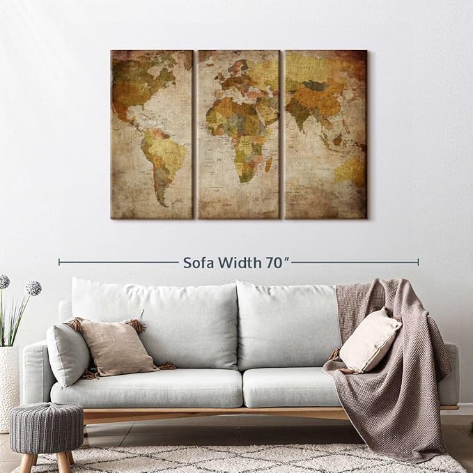 ElephantStock World Map Multi Piece Canvas - 3 Piece Canvas World Map Wall Decor - Wall Decor - Ready-to-Hang Print - Vintage Wall Art - 50" X 32"