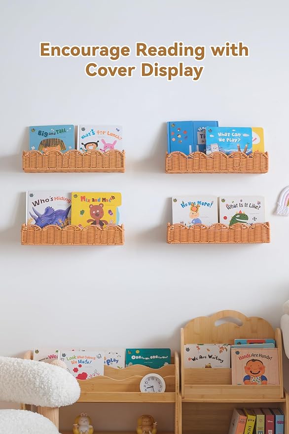 Nursery Book Shelves Set of 4, Metal & Plastic Artificial Rattan Scalloped Book Shelf 15.8", Cute Floating Bookshelf for Kids Bedroom Farmhouse Decor