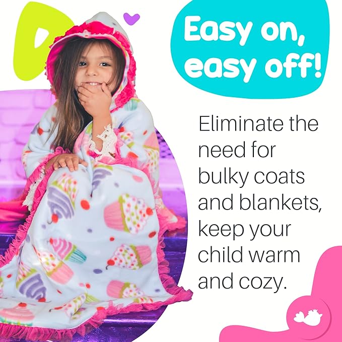 Birdy Boutique Car Seat Poncho for Kids – Reversible Warm Blanket with Hoodie – Safe to Use Over Seat Belts – Easy On, Easy Off, and Doesn’t Impact Seat Performance - Cupcake – One Size