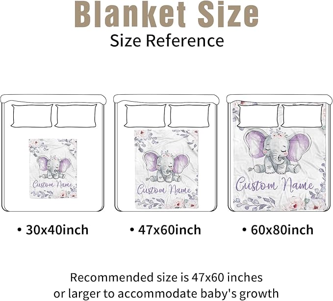 Personalized Crib Bedding Set for Boys Girls, Custom Baby Crib Sets with Name, Light Purple Elephant Design Nursery Bedding 2 Piece - Soft Blanket with Double Layer Dotted Backing, Crib Fitted Sheet