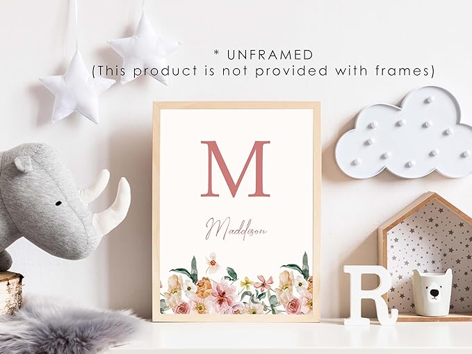 Personalized Name Flower Nursery Wall Art Prints, Crib & Nursery décor, Newborn Baby Girl Gift Present, Floral Baby Girl Room Pictures, Poster For Baby And Kids (3 Prints, Flower 8)