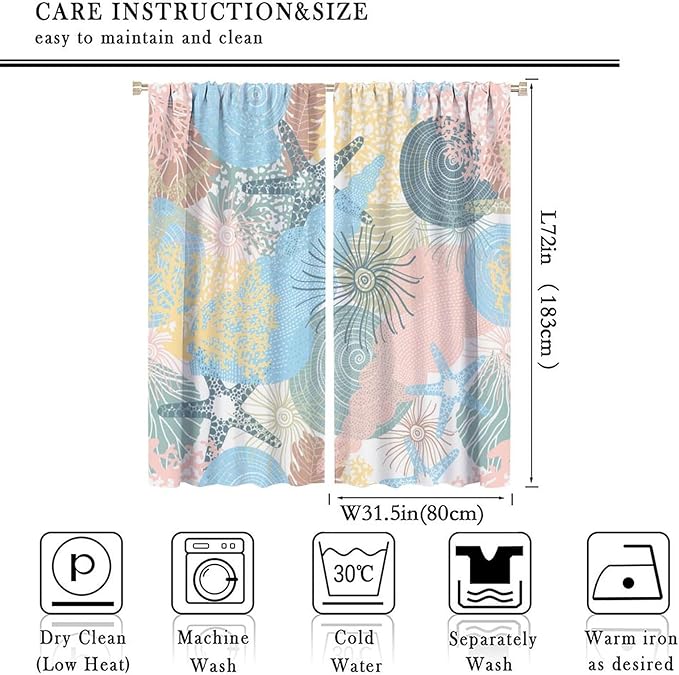 Nautical Blackout Curtain Beach Theme Starfish Seashell Nautical Rustic Ocean Sea Vintage Retro Coastal Summer Bedroom Set 2 Panels,63x72 Inches