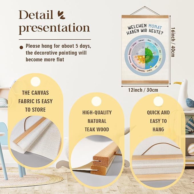 ZTGDA Kids Calendar Wall Hanging Poster,Educational Linen Wall Art with Wood Frame, Month & Seasons Wheel for Children Learning, Nursery Classroom or Playroom Decor, 12x16 Inch(Seasons)