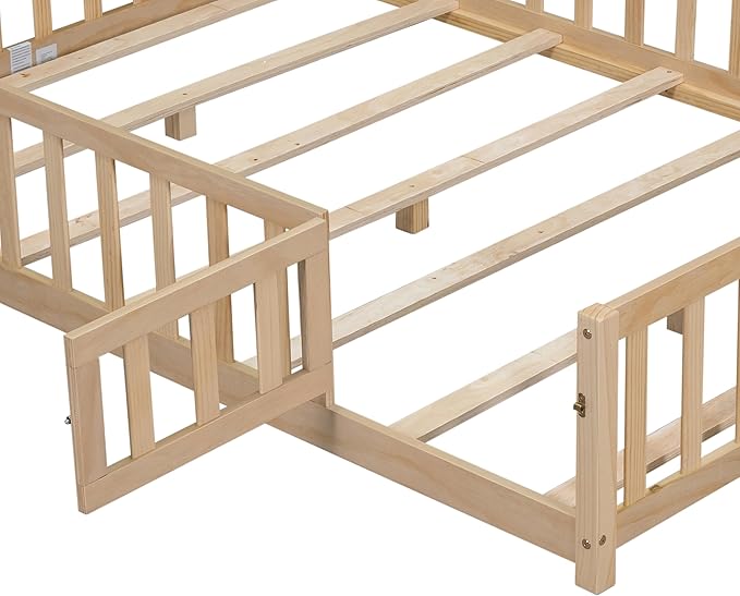 Full Size Floor Platform Bed with Fence and Lockable Door, Wood Montessori Bed Frame with Slat Support for Kids,Girls,Boys, Easy to Assemble,Natural