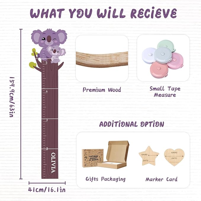 Personalized Name Growth Chart, Cute Koala Wood Height Chart, Height Measurement for Wall Boy Girls, Height Wall Chart Growth Measuring Ruler Room Wall Decor