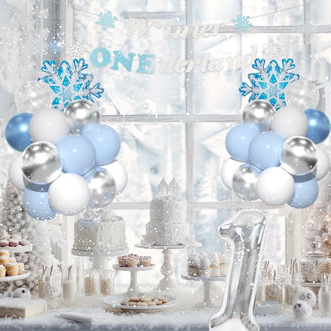 Winter Onederland Party Decorations, Winter Onederland 1st Birthday For Boy,Blue First Birthday Decorations For Boy With Blue White Balloons, Snowflake Balloons, Number 1 Balloon And Banner