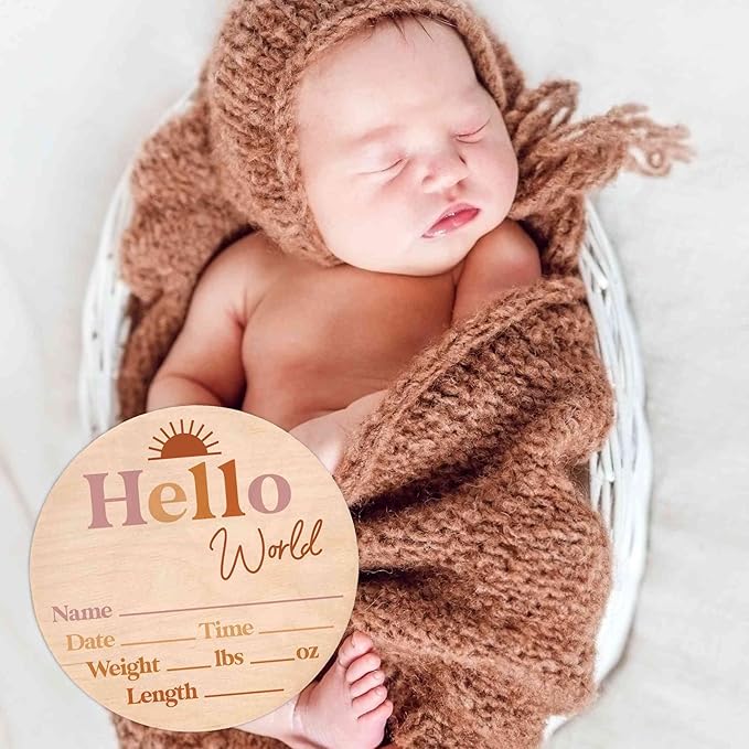 Hello World Newborn Sign - Baby Name Birth Announcement Plaque for Hospital - Photo Prop - Nursery Decor - Shower Gift