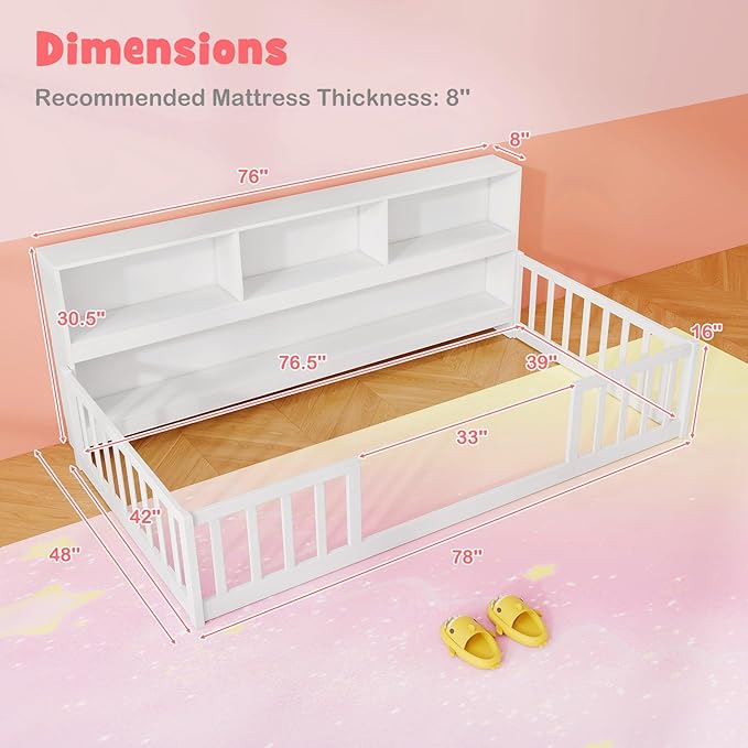 KOMFOTT Twin Floor Bed with Bookcase & Shelves, Wood Bed Frame with Bedside Bookshelves & Guardrails, Versatile 2-in-1 Montessori Floor Bed for Kids (White)