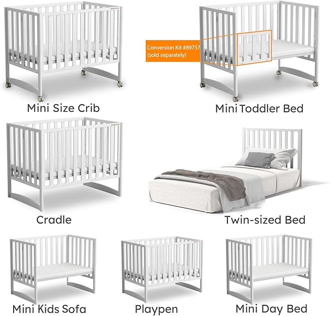 MAMAZING EvoNook 6-in-1 Convertible Mini Crib, 100% New Zealand Solid Wood, 4 Adjustable Mattress Heights, Crib with Mattress, GREENGUARD Gold Certified,White