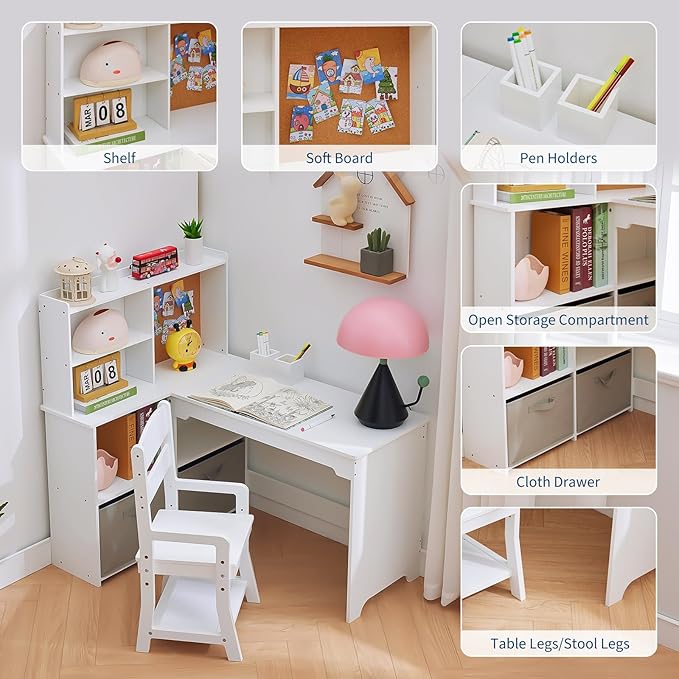 Garvee Kids Corner Desk, Desk and Chair Set for Children, L Shape Kids Study Table - Features Bulletin Board Open Shelves & Storage Cabinets and Cloth Drawers, White