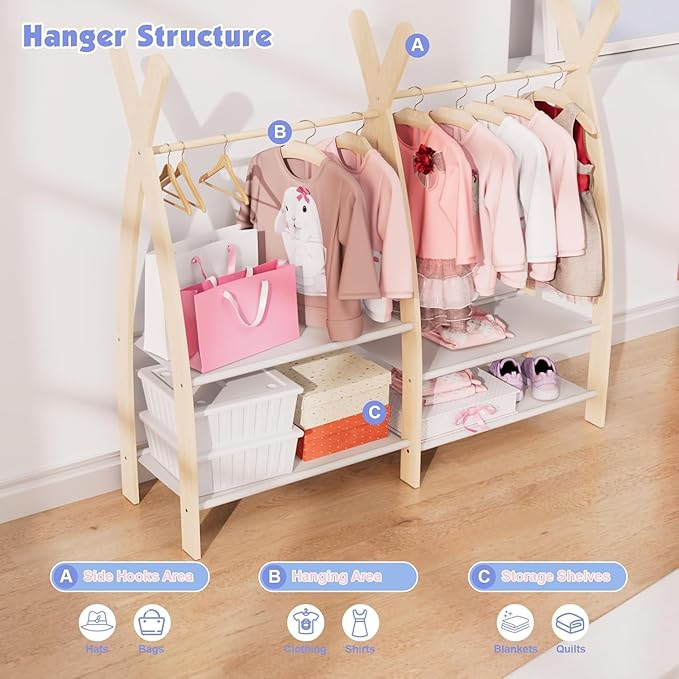 Kids Clothing Rack Dress Up Storage Closet for Girls Baby Garment Wardrobe Toddler Costume Closet with Double Hanging Rod Wood 2 Tier Bottom Storage Shelves Organizer