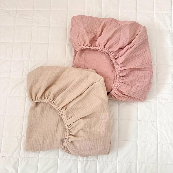 BuLuTu Muslin Mini Crib Sheets 38"x26", 2 Pack, Soft Breathable 2-Layers Gauze Cotton Baby Crib Mattress Sheets, Pack and Play Mattress Sheets Fitted for Pack N Play, Beige & Pink