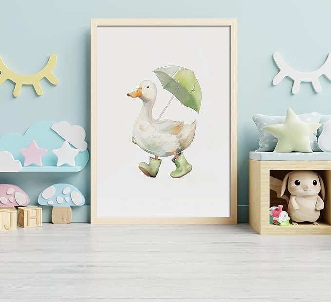 3Pcs Baby Animal Nursery Wall Art Funny Green Rain Gear Duck Painting Picture Wall Decor This Set of 3 Happy Ducks Wearing Green Boots Poster Print Artwork for Kids Boys Room Bedroom Decorate,Unframed