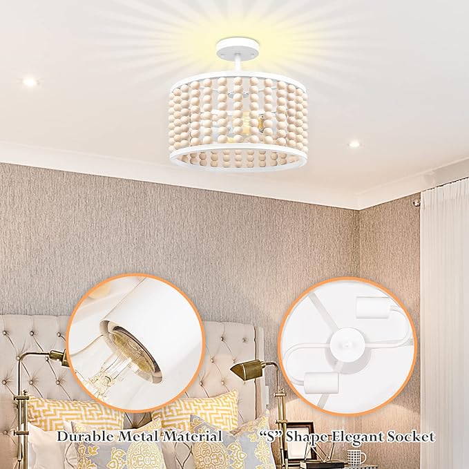 White Wood Beaded Boho Chandelier - Modern Nursery Ceiling Light Fixture, Beaded Semi Flush Mount Light, Farmhouse Lights for Bedroom Hallway Foyer Living Kids Room