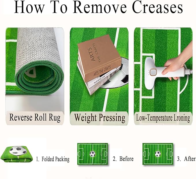 Washable Low Pile Soccer Rug 9x12- Soccer Field Mat for Boys Bedroom, Non-Slip Sports Room Decor, Durable Kids Playroom Rug, Nursery Floor Mat