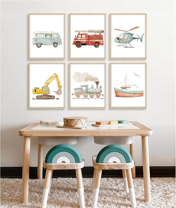 Car Wall Art Boys Room Canvas Wall Decor Nursery Prints Transportation Vehicle Wall Art Kids Toddler Posters Construction Truck Pictures Boy Nursery Artwork for Bedroom Playroom 12x16x6 Inch Unframed