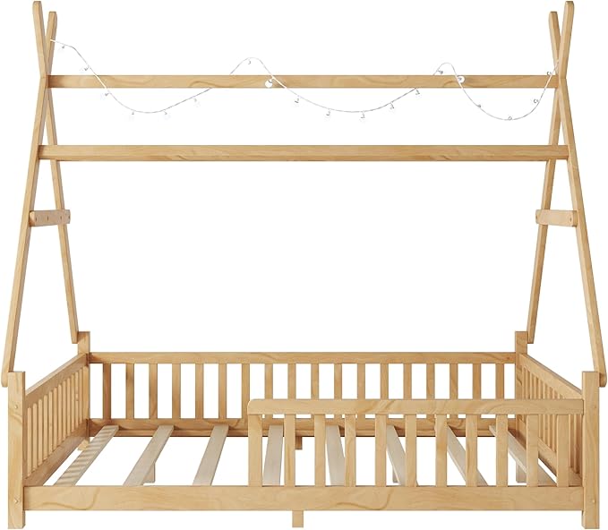 Full House Bed with Roof & LED Light, Low Profile House Bed with Fence, Safe Guardrails, DIY-Friendly for Boys & Girls, Solid Wood & MDF Construction, No Box Spring Required, Natural