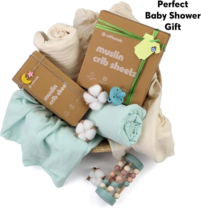 Muslin Baby Crib Sheets Fitted - Crib Sheets Neutral Turkish Cotton, Ultra Soft & Breathable - Organic Cotton Crib Sheets for Boys & Girls, GOTS & Oeko-TEX® Certified (52x28, Minty Green)