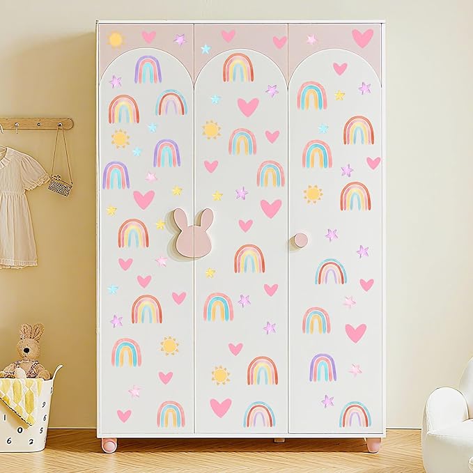 Rainbow Wall Decals Removable Peel and Stick Window Clings 4-Sheet Set with Sun, Rainbow, Heart Design for Girls Bedroom, Kids Room, Nursery Classroom Decor