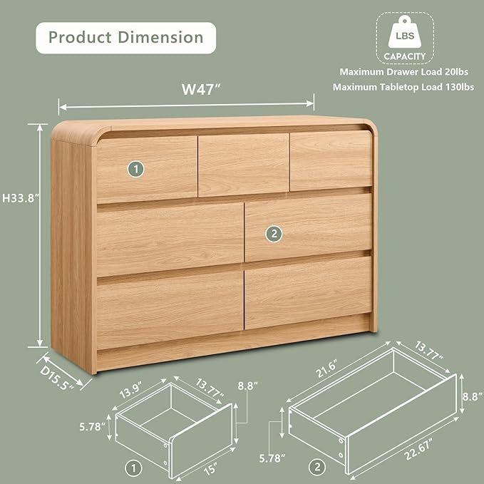 Modern 7 Drawers Dresser for Bedroom, 47" Wide Wood Dressers & Chests of Drawers w/Curved Profile Design, Mid Century Modern Dresser w/Natural Texture for Bedroom, Living Room, Natural Oak