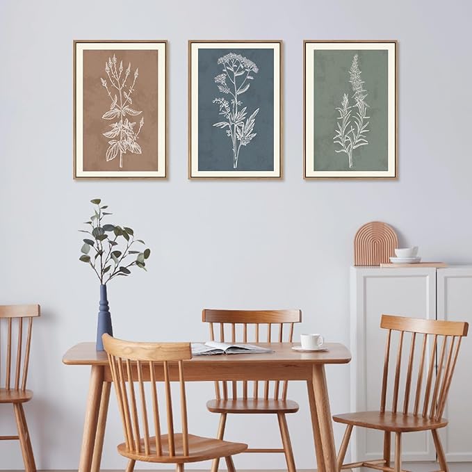 HLNIUC Neutral Botanical Framed Wall Art Set, Boho Minimalist Plant Canvas Wall Decor, Vintage Leaf Wall Painting, Nature Floral Silhouette Art Print for Bedroom, Living Room, Study - 16”x24”x3