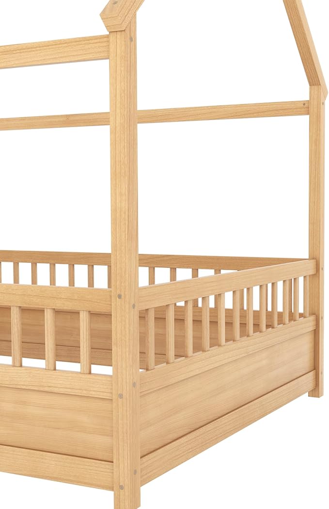 Bellemave Full House Bed for Kids, Wooden Kids bedframe with Rails and Storage, Montessori Floor beds with high guardrail Without slats, Natural