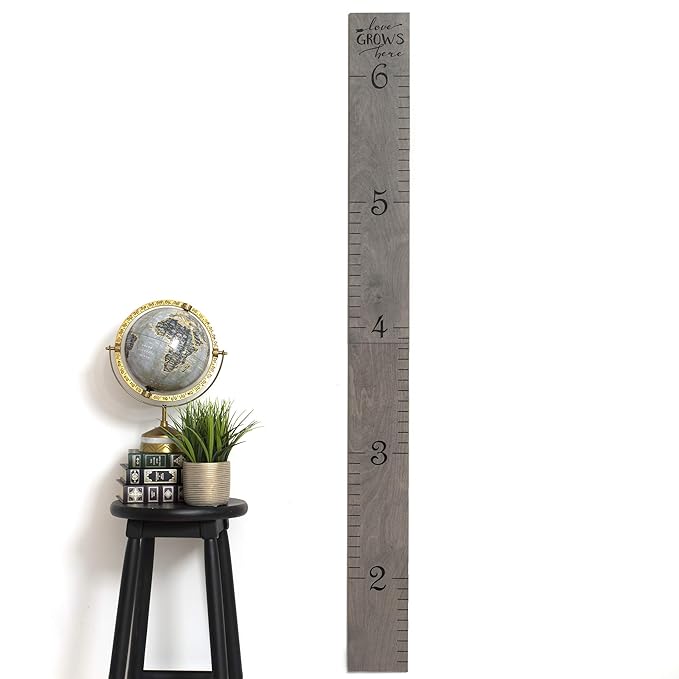 HEADWATERS STUDIO Wooden Growth Chart for Wall - Height Growth Chart for Kids, Kid Height Wall Chart, Height Measurement for Wall, Height Chart for Kids - Love Grows Here, Skinny Grey (63""x5.75"")