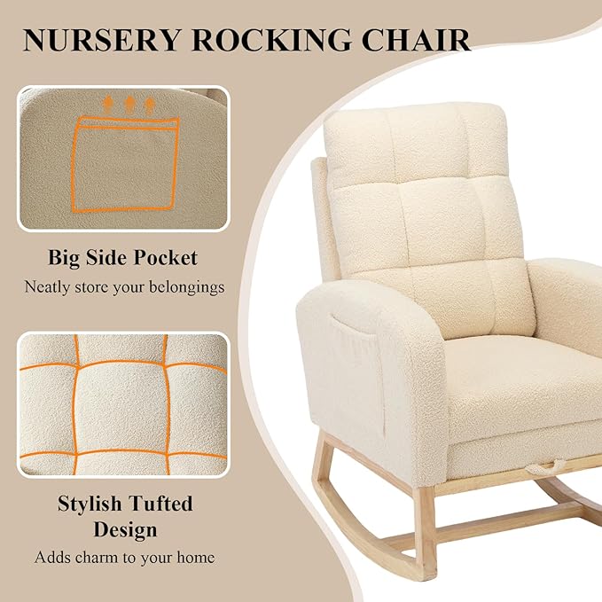 Nursery Rocking Chair, Polyester Upholstered Glider Chair with Footrest, Comfy Rocker Chair, Accent Chair with High Backrest, Glider Rocker, Armchair for Living Room (Beige Teddy)