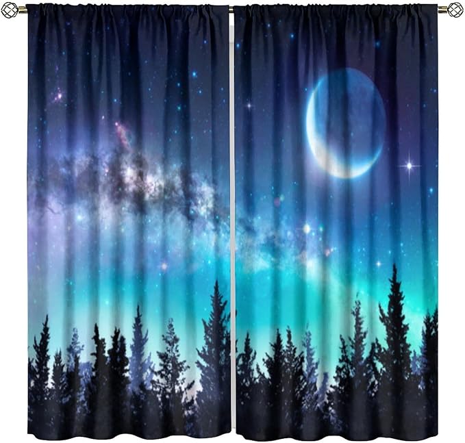 Galaxy Forest Blackout Curtains, Night Starry Sky Stars Moon Aurora Borealis Window Drapes for Bedroom Living Room Home 42" W X 63" L