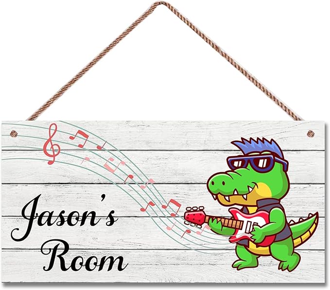 Personalized Signs Cute Dinosaur Playing Guitar Sign For Kids Room Custom Name Door Wall Decor For Girls Room Floral Nursery Art Plate For Boys Bedroom Little Man Cave