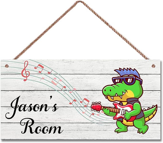 Personalized Signs Cute Dinosaur Playing Guitar Sign For Kids Room Custom Name Door Wall Decor For Girls Room Floral Nursery Art Plate For Boys Bedroom Little Man Cave