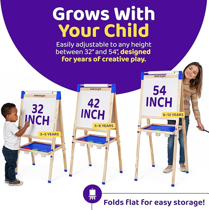 Blue Squid Art Easel for Kids with Paper Roll x 3, Includes 100+ Accessories, Double Sided Adjustable Wooden Painting Easel with Magnetic Chalk Board, White Board for Toddlers Ages 3,4,5,6,7,8,9,10,12