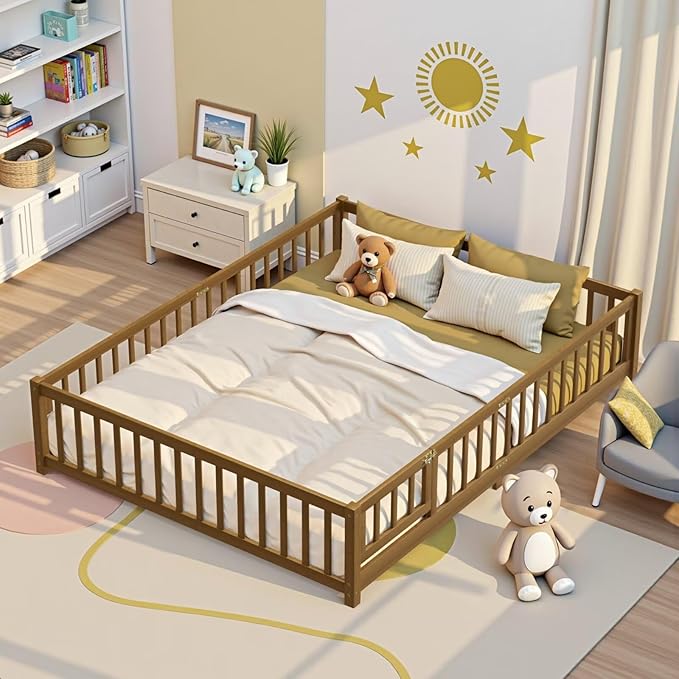 i-POOK Queen Floor Bed Frame with Wood Slats, High Fence & Small Door, Pinewood Montessori Floor Bed for Girls and Boys,Light Espresso