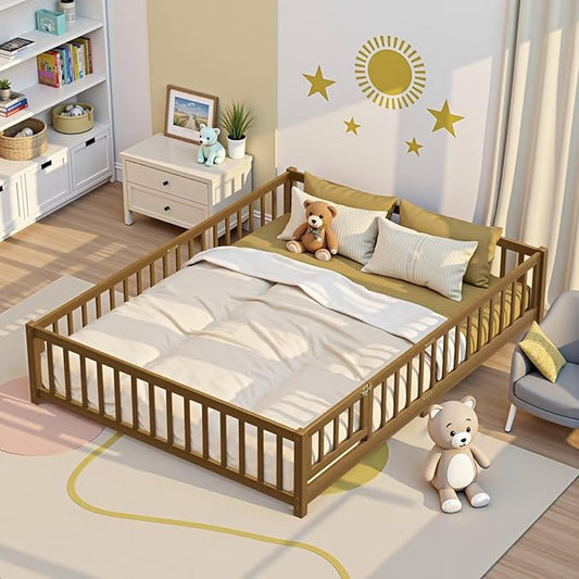 i-POOK Queen Floor Bed Frame with Wood Slats, High Fence & Small Door, Pinewood Montessori Floor Bed for Girls and Boys,Light Espresso