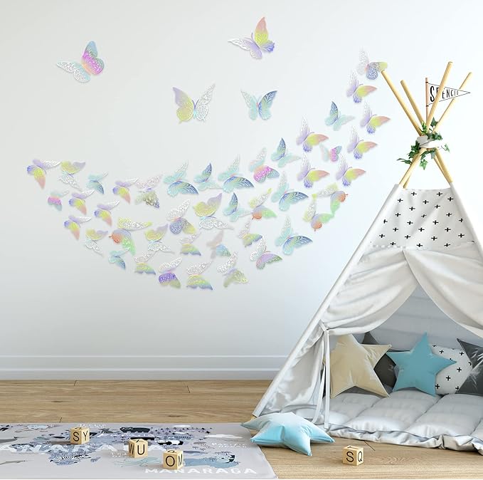 3D Gold Butterfly Wall Decor 3 Sizes 4 Styles Butterfly Party Decorations Cake Decorations Removable Stickers Wall Decor Room Mural Metallic Kids (Laser Colored, 96Pcs)