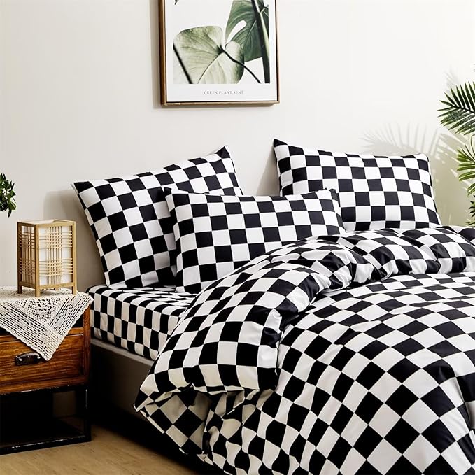 Houseri Black and White Buffalo Plaid Duvet Cover Twin Size Checkerboard Bedding Set