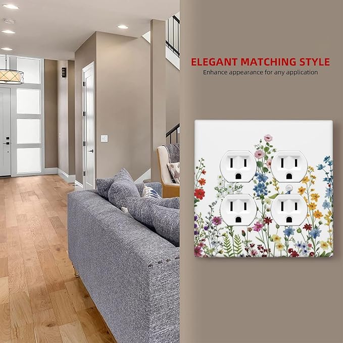 Colorful Wildflowers Plants Floral Decorative Outlet Covers 2-Gang Duplex Light Switch Cover Gfci Wall Plate Covers Electrical Receptacle Switch Plate Cover Plug Faceplate for Bathroom Decor