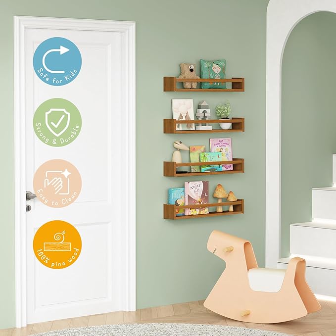 Forbena Solid Wood Floating Nursery Book Shelves for Wall, Walnut Nursery Bookshelf Wall Mounted for Bedroom, Large Kids Floating Bookshelves for Children Toys Classroom Books Art Decor (Dark Brown)