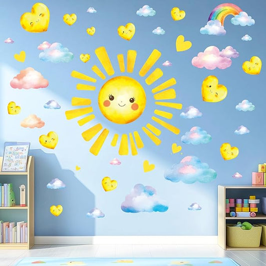 SHUCHING Large Sun Wall Sticker Peel and Stick, Vinyl Cloud Heart Wall Decal, Wall Decor Art for Kids Bedroom Nursery Playroom